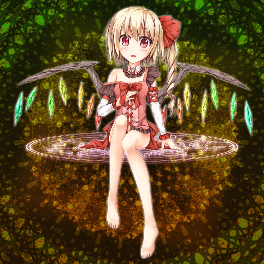 alternate_costume bare_legs bare_shoulders barefoot blonde_hair bow detached_sleeves feet flandre_scarlet floating hair_bow highres magic_circle off_shoulder red_eyes short_hair side_ponytail sitting solo the_embodiment_of_scarlet_devil toshizaki_shouma touhou wings