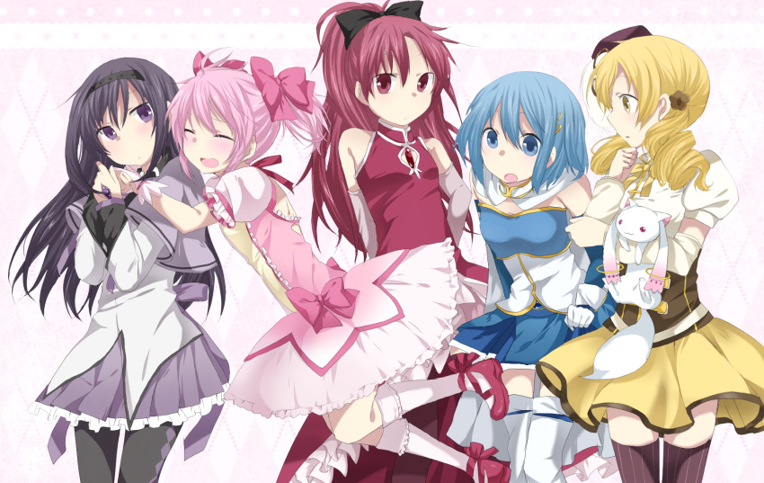 akemi_homura bad_id bare_shoulders beret black_hair blonde_hair blue_eyes blue_hair closed_eyes detached_sleeves drill_hair eyes_closed hair_ornament hair_ribbon hairband hairclip hat highres hug kaname_madoka kyubey long_hair magical_girl mahou_shoujo_madoka_magica miki_sayaka multiple_girls naru_(andante) open_mouth pantyhose pink_hair pleated_skirt ponytail purple_eyes red_eyes red_hair redhead ribbon sakura_kyouko shoes short_hair short_twintails skirt smile thigh-highs thighhighs tomoe_mami twintails violet_eyes yellow_eyes