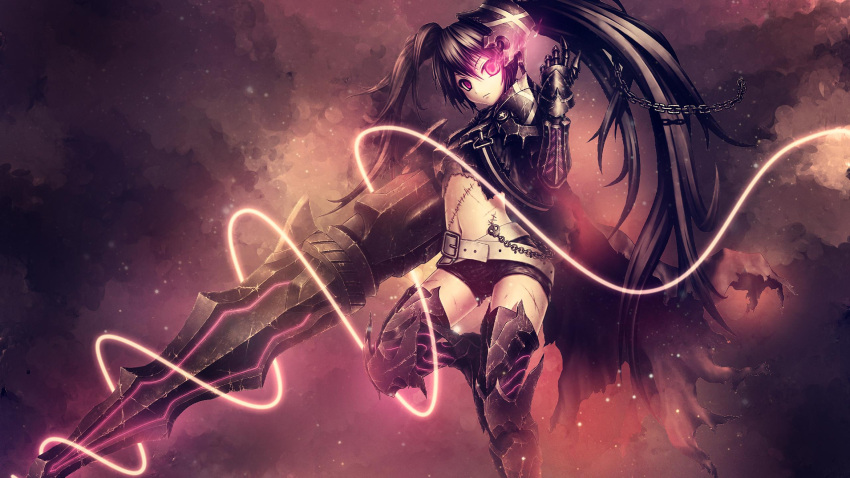 1girl armored_boots black_hair black_rock_shooter black_rock_shooter_(character) burning_eye chain gauntlets highres holding_weapon long_hair looking_at_viewer navel short_shorts shorts solo twintails very_long_hair violet_eyes