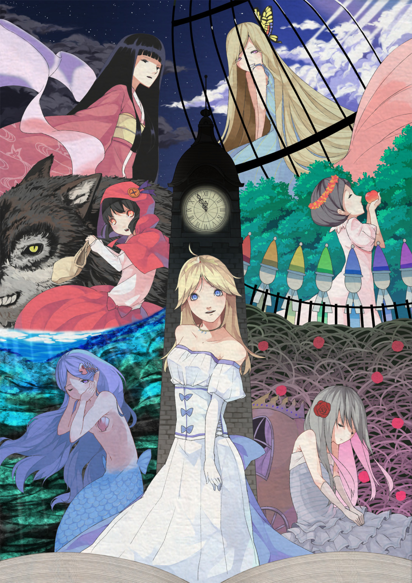 character_request cinderella cinderella_(grimm) dress elbow_gloves folklore gloves highres kaguya-hime kaguya_hime little_red_riding_hood shiro_negi sleeping_beauty snow_white snow_white_(grimm) snow_white_and_the_seven_dwarfs the_little_mermaid wolf
