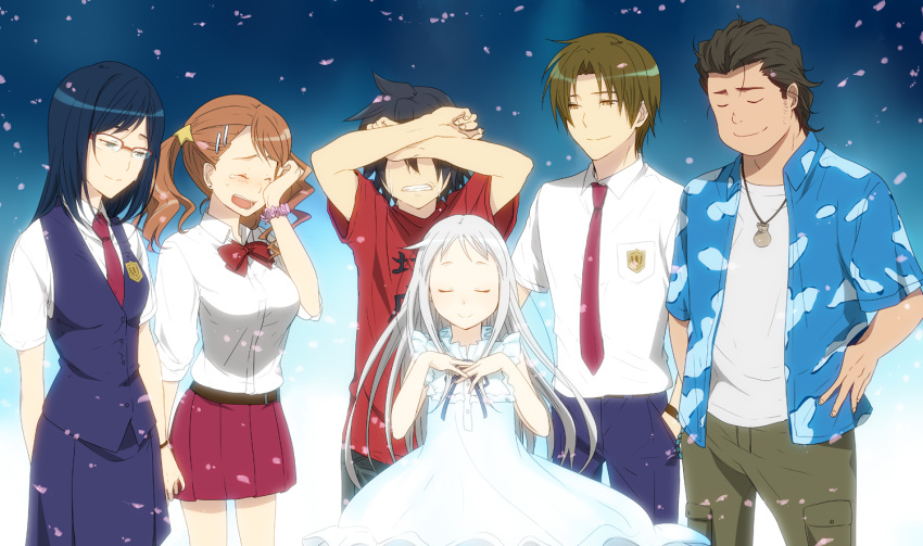 :d anjou_naruko ano_hi_mita_hana_no_namae_wo_bokutachi_wa_mada_shiranai closed_eyes covering covering_eyes covering_face crying dress eyes_closed glasses hisakawa_tetsudou honma_meiko matsuyuki_atsumu open_mouth petals school_uniform sleeveless sleeves_rolled_up smile tears tsurumi_chiriko yadomi_jinta