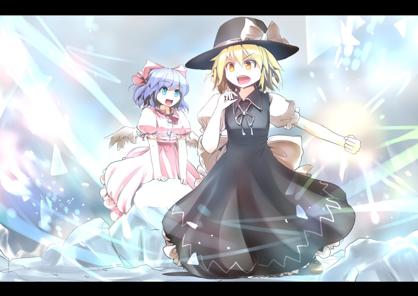 black_dress blonde_hair blue_eyes blue_hair bow clenched_hand culter dress fist hair_bow hat highres ice letterboxed mai_(touhou) multiple_girls open_mouth pink_dress smile snow touhou touhou_(pc-98) wings witch yellow_eyes yuki_(touhou)