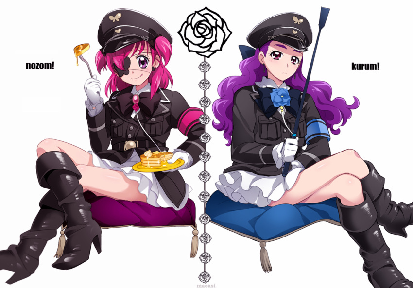 :q alternate_costume belt blue_rose boots bow character_name crossed_legs eyepatch flower food fork frown gloves hat jacket legs_crossed long_hair maeashi mimino_kurumi multiple_girls pancake pillow pink_hair pink_rose precure purple_eyes purple_hair red_eyes ribbon rose short_hair short_twintails sitting skirt tongue twintails two_side_up violet_eyes white_gloves white_rose yes!_precure_5 yumehara_nozomi