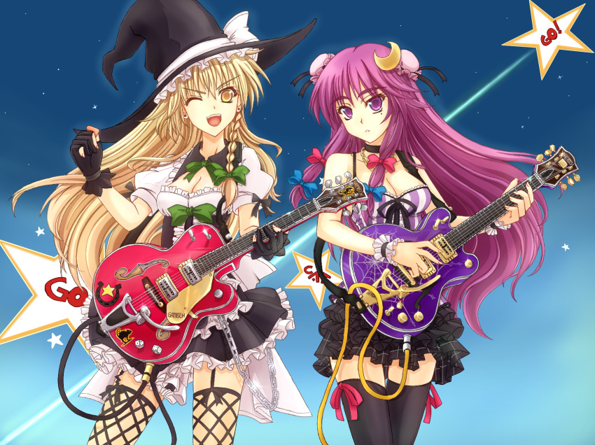 adapted_costume alternate_hairstyle bare_shoulders black_legwear blonde_hair bow braid breasts chain chains cleavage crescent dice double_bun duo fingerless_gloves gloves guitar hair_bow hair_ornament hat highres instrument kirisame_marisa long_hair mickey_dunn multiple_girls patchouli_knowledge purple_eyes purple_hair single_braid skirt spider_web thigh-highs thighhighs touhou very_long_hair violet_eyes wink witch witch_hat wrist_cuffs yellow_eyes zettai_ryouiki