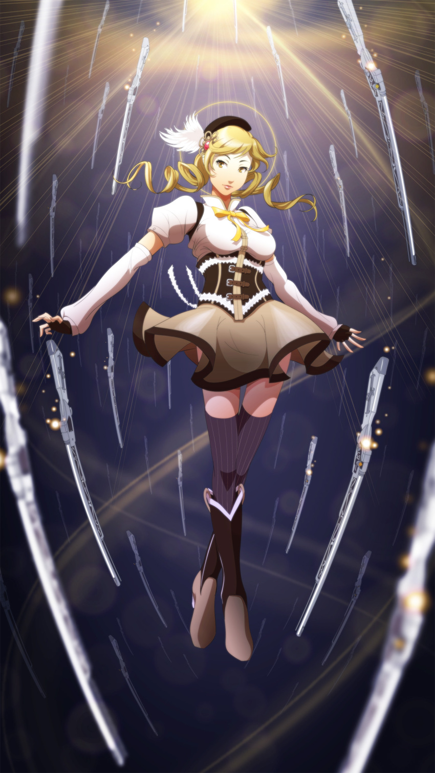 absurdres beret blonde_hair blurry boots brown_legwear crossed_legs_(standing) depth_of_field detached_sleeves drill_hair fingerless_gloves fisheye floating gloves gun hair_ornament hairpin halo hat highres hy136 light_particles magical_girl magical_musket mahou_shoujo_madoka_magica perspective pleated_skirt puffy_sleeves ribbon rifle skirt solo standing sunbeam sunburst sunlight thigh-highs thighhighs tomoe_mami twin_drills twintails vertical-striped_legwear vertical_stripes weapon yellow_eyes zettai_ryouiki