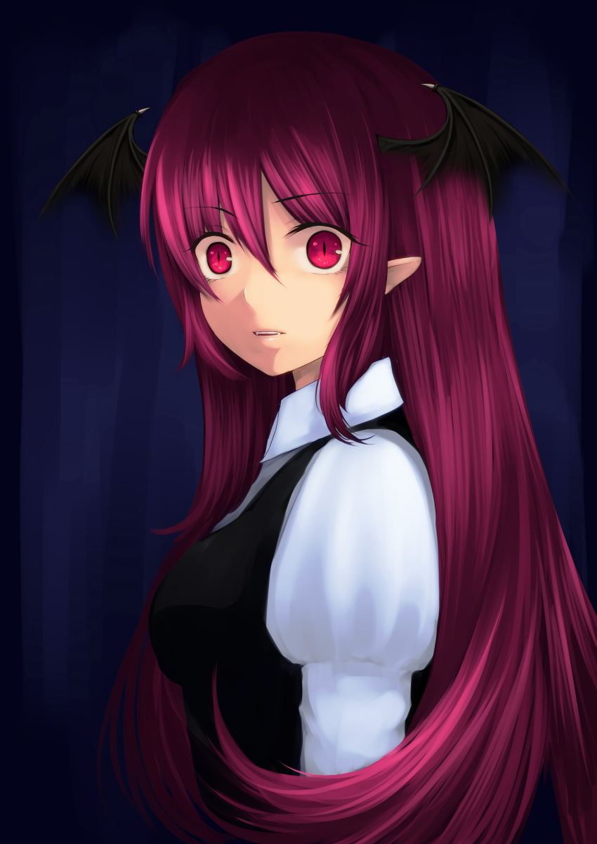 absurdres bad_id bat_wings dress_shirt face fangs geike head_wings highres koakuma long_hair pointy_ears red_eyes red_hair redhead shirt simple_background slit_pupils solo the_embodiment_of_scarlet_devil touhou very_long_hair vest wings
