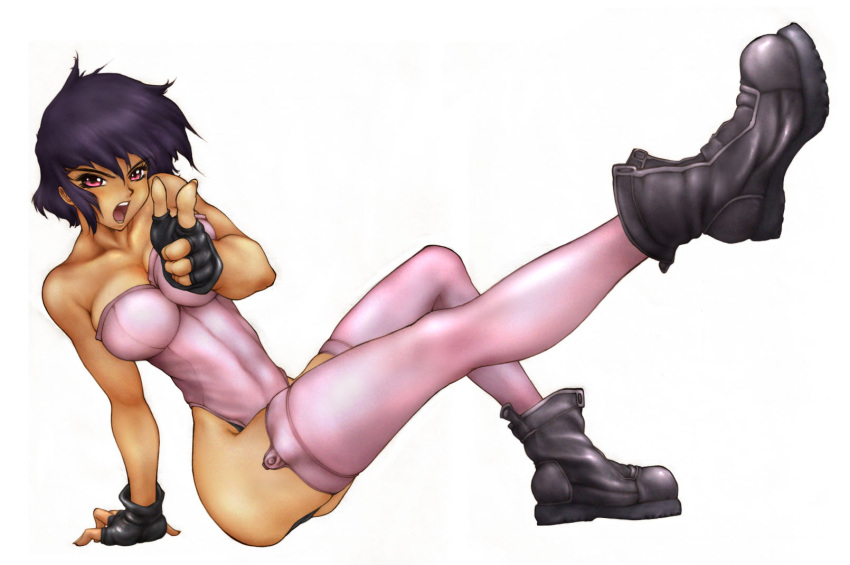 bare_shoulders boots breasts collarbone fingerless_gloves ghost_in_the_shell gloves highres kusanagi_motoko large_breasts legs leotard open_mouth pointing purple_eyes purple_hair short_hair simple_background sitting solo thigh-highs thighhighs toyomaru toyomaru_(pixiv) violet_eyes