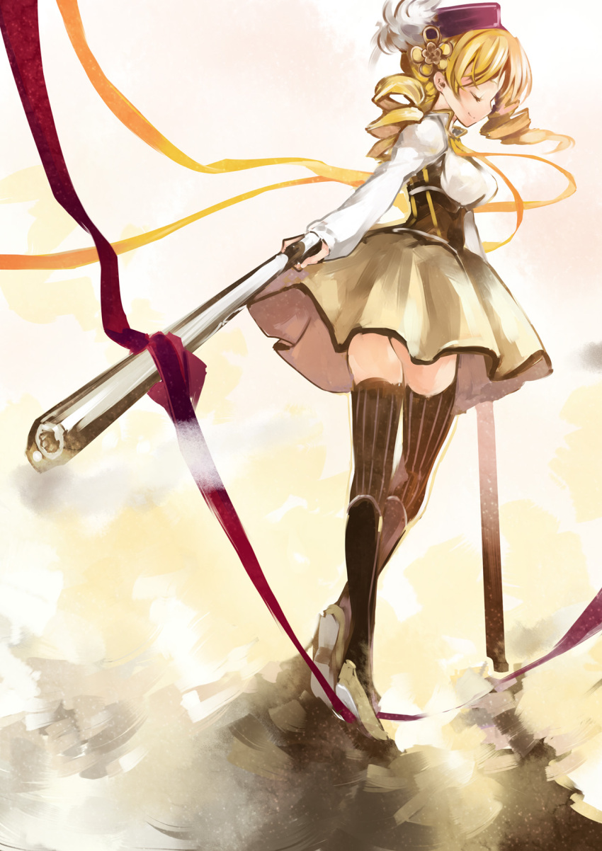 beret blonde_hair boots brown_legwear closed_eyes detached_sleeves drill_hair eyes_closed fingerless_gloves foreshortening from_behind from_below gloves gun hair_ornament hairpin hat highres long_hair magical_girl magical_musket mahou_shoujo_madoka_magica okishi_jien pleated_skirt puffy_sleeves ribbon rifle skirt smile solo standing striped striped_legwear striped_thighhighs thigh-highs thighhighs tomoe_mami traditional_media twin_drills vertical-striped_legwear vertical_stripes weapon zettai_ryouiki