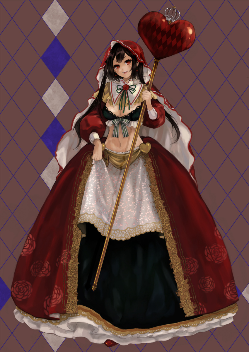 alice_in_wonderland black_hair bow breasts checkered cleavage crown dress earrings flower frills front-tie_top heart highres jewelry lipstick long_hair makeup midriff navel open_mouth pisuke queen queen_of_hearts red_eyes rose scepter smile solo standing twintails veil