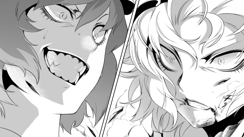 bad_id blood blood_on_face blood_stain clenched_teeth constricted_pupils eyelashes flandre_scarlet grin hat monochrome multiple_girls rby remilia_scarlet sharp_teeth shikihara_mitabi short_hair siblings sisters smile sweatdrop touhou