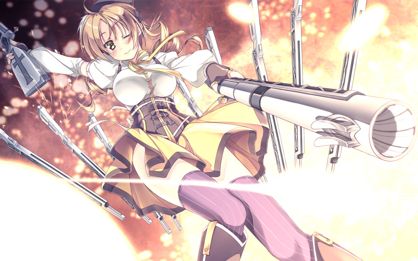 beret blonde_hair blush boots brown_legwear corset detached_sleeves drill_hair dual_wielding fingerless_gloves gloves gun hair_ornament hairpin hat highres light_particles magical_girl magical_musket mahou_shoujo_madoka_magica pleated_skirt puffy_sleeves ribbon rifle shinohara_shinome skirt smile solo sparks striped striped_legwear thigh-highs thighhighs tomoe_mami twin_drills upskirt vertical-striped_legwear vertical_stripes weapon wink yellow_eyes zettai_ryouiki