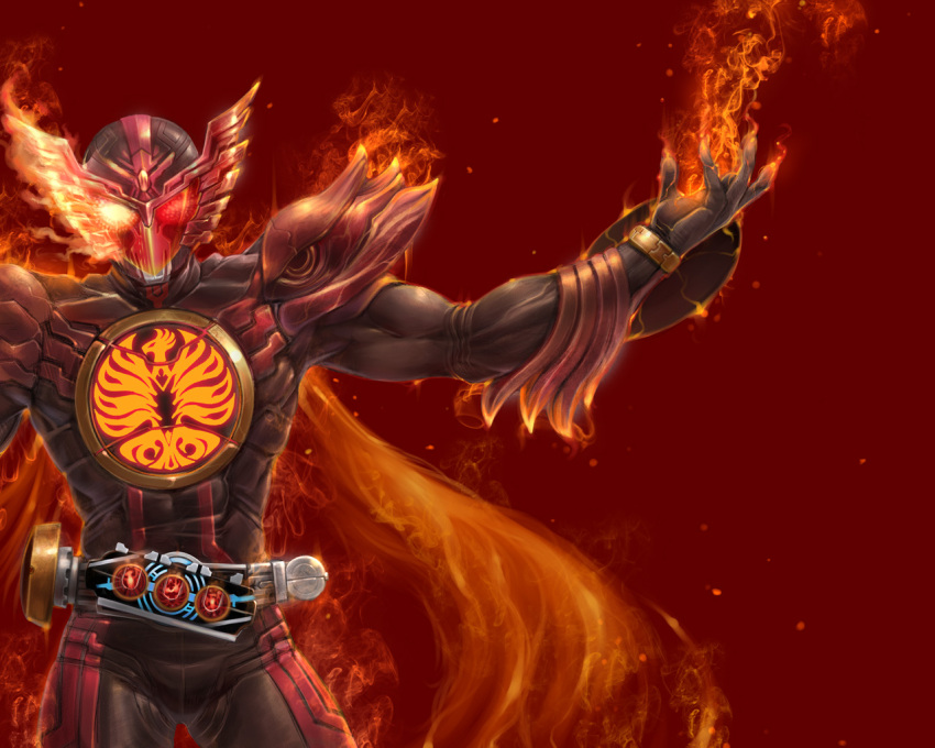 don_michael fire glowing glowing_eyes kamen_rider kamen_rider_ooo kamen_rider_ooo_(series) o_medal red red_eyes solo tajador_(ooo_combo) wings