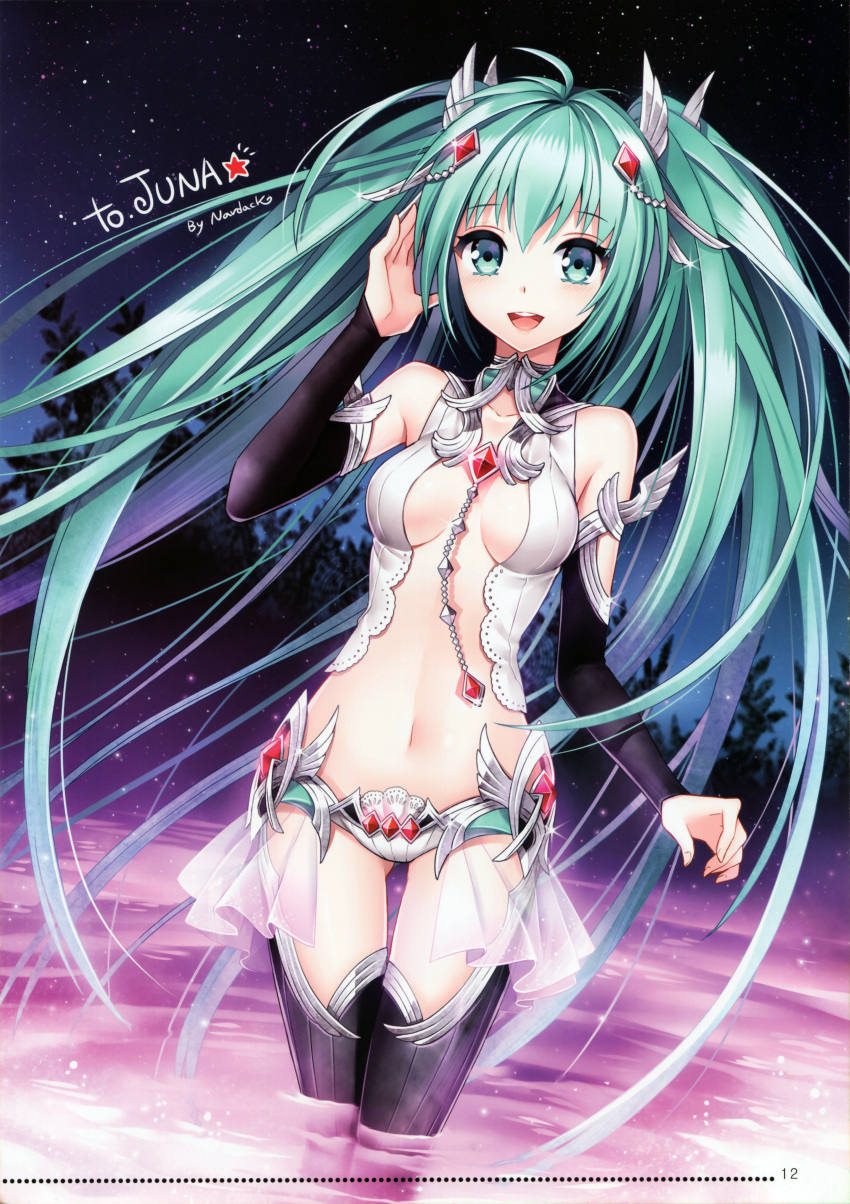 1girl absurdres alternate_costume aqua_eyes aqua_hair bad_id bare_shoulders black_legwear blush breasts center_opening cleavage elbow_gloves gem gloves hair_ornament hatsune_miku highres huge_filesize long_hair miku_append nardack navel open_mouth sky smile solo star_(sky) starry_sky thigh-highs thigh_gap twintails very_long_hair vocaloid vocaloid_append wading