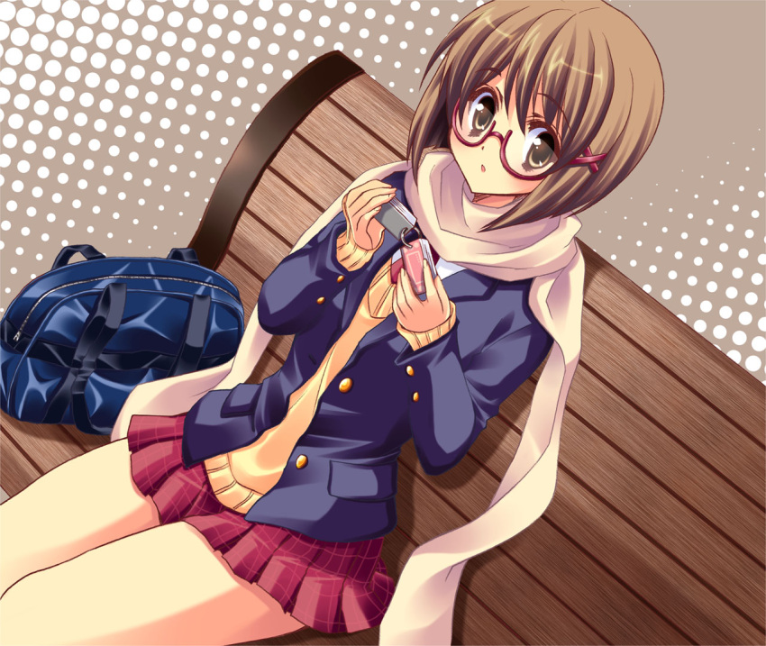 :o bench bob_cut brown_eyes brown_hair glasses halftone halftone_background glasses plaid plaid_skirt scarf seifuku short_hair sitting skirt wallpaper yukiwo