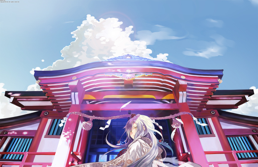cloud commentary_request from_behind hat highres japanese_clothes kaninn kimono lens_flare long_hair original shide shimenawa shrine sky solo tokin_hat white_hair yellow_eyes