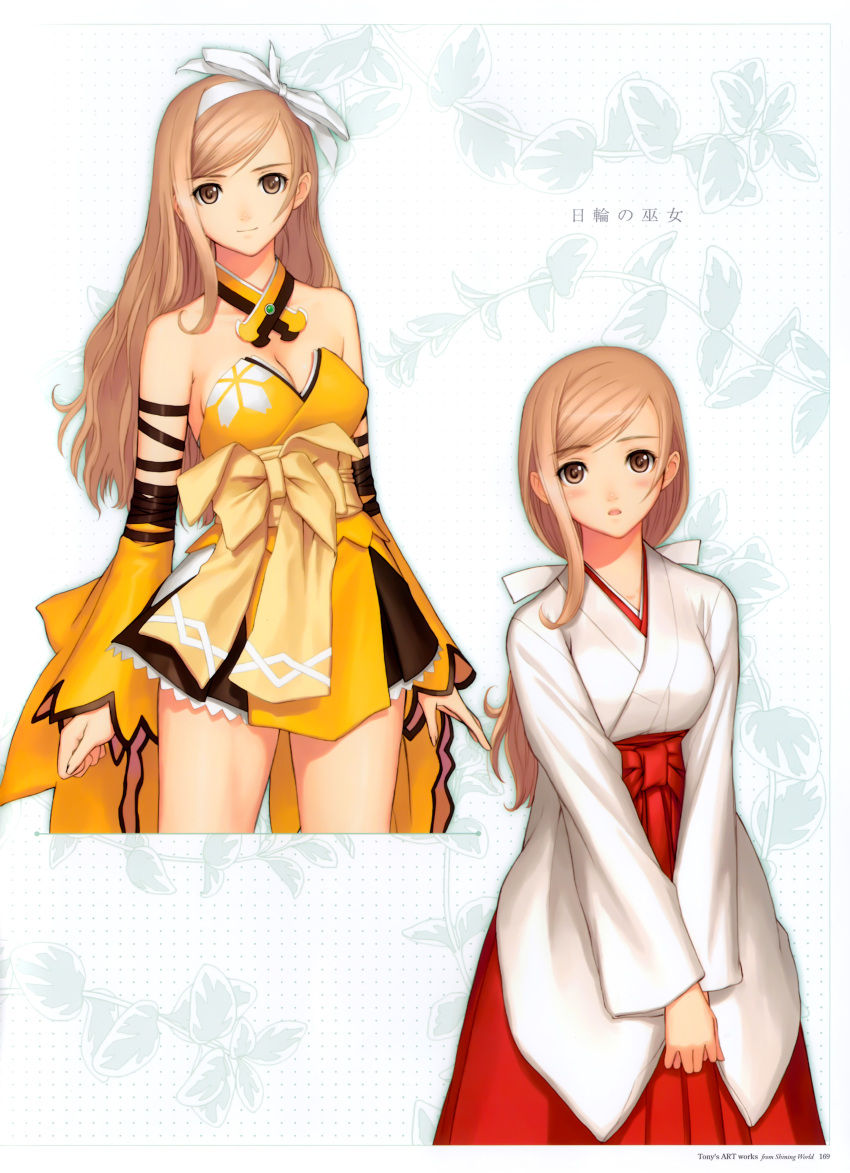 1girl absurdres bare_shoulders blonde_hair blush bow breasts brown_eyes cleavage closed_mouth collar cropped_legs detached_collar detached_sleeves feet_out_of_frame female hair_bow hands_clasped highres japanese_clothes long_hair long_sleeves medium_breasts miko multiple_views sash shining_(series) shining_wind smile standing strapless taka_tony tied_hair tony_taka touka_kureha translated