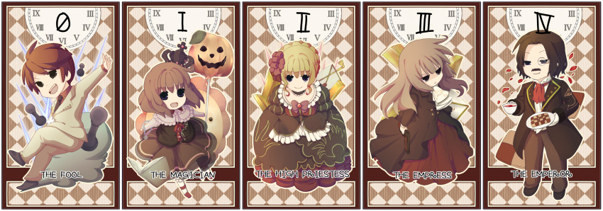 aoi07 bad_id beatrice black_hair blonde_hair blue_eyes book brown_hair card_(medium) chibi choker clock cookie cravat cross crown cup dress facial_hair food formal frills gold gun hair_ornament highres hime_cut jacket kiseru long_hair long_image monocle mustache necktie orange_hair pipe red_hair ribbon ronove sakutarou scepter short_hair skirt tarot umineko_no_naku_koro_ni ushiromiya_battler ushiromiya_maria ushiromiya_rosa weapon wide_image