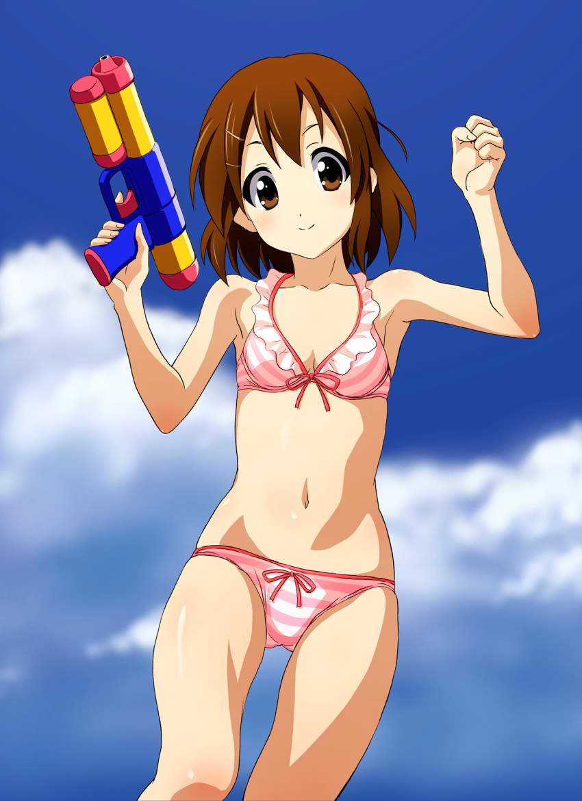 bikini brown_eyes brown_hair flat_chest hair_ornament hairclip highres hirasawa_yui k-on! norizou_type-r r's_factory short_hair smile solo striped striped_bikini striped_swimsuit swimsuit swimsuit water_gun