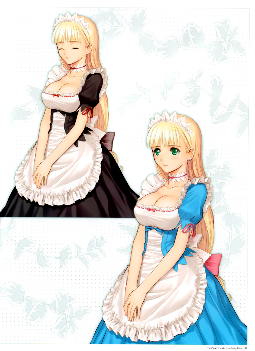 absurdres alternate_color bangs blonde_hair blunt_bangs blush breasts choker clalaclan_philias cleavage closed_eyes closed_mouth earrings female frills green_eyes headdress highres jewelry large_breasts long_hair maid maid_headdress official_art pink_ribbon puffy_short_sleeves puffy_sleeves red_ribbon ribbon ribbon_trim shining_(series) shining_wind short_sleeves standing taka_tony tony_taka