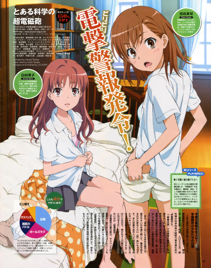 bra brown_hair hair_down highres misaka_mikoto open_shirt school_uniform shirai_kuroko tanaka_haruka tanaka_yuuichi to_aru_kagaku_no_railgun to_aru_majutsu_no_index undressing