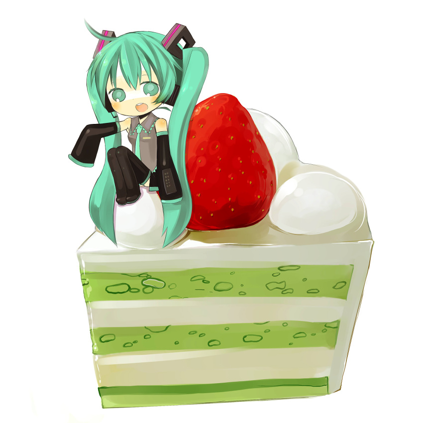 ahoge akisame_kou aqua_eyes aqua_hair bad_id cake chibi detached_sleeves food fruit hatsune_miku headphones headset highres in_food long_hair minigirl open_mouth pastry simple_background sitting skirt solo strawberry thighhighs twintails very_long_hair vocaloid