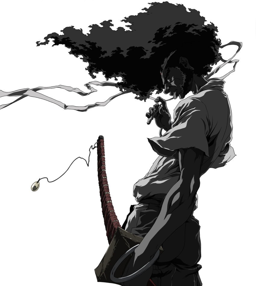 afro_samurai afro_samurai_(character) cigarette highres katana male monochrome smoking sword weapon