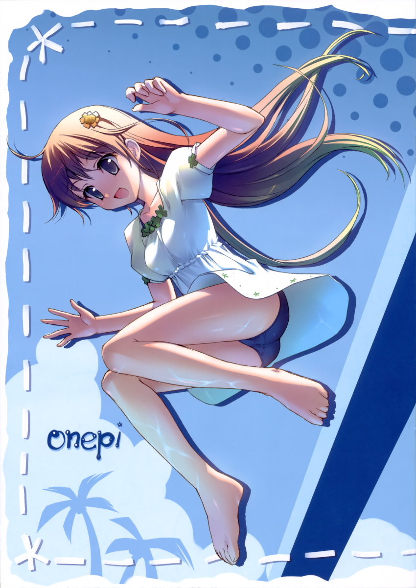 1girl :d ahoge brown_hair character_request dress feet female kogemashita long_hair one-piece_swimsuit open_mouth school_swimsuit small_breasts solo swimsuit_under_clothes swimsuit takoyaki