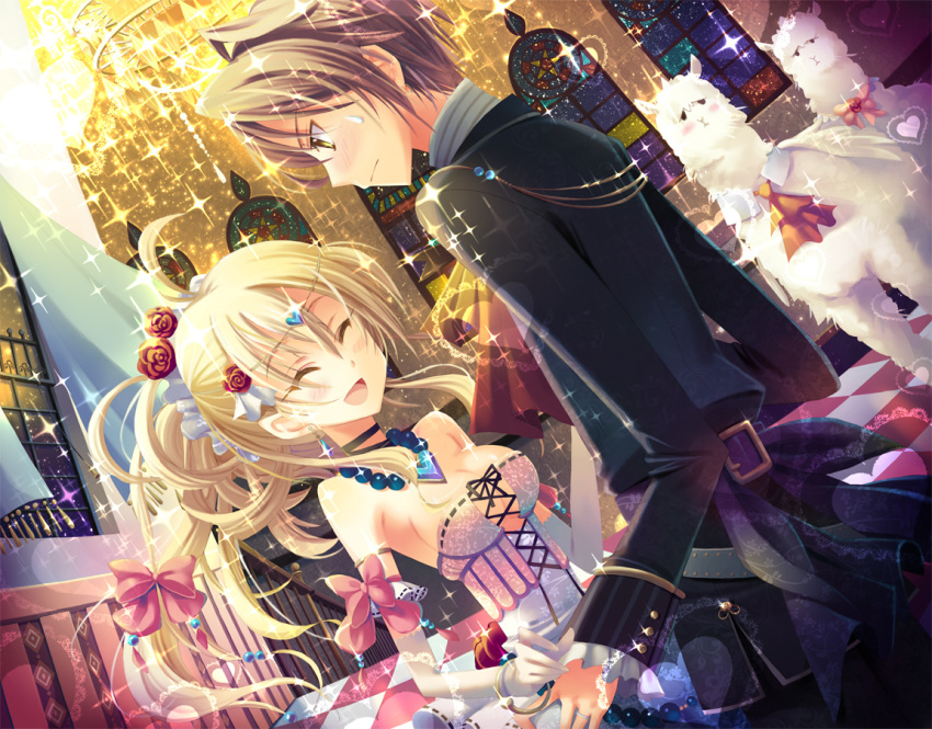 alpaca bad_id bare_shoulders blonde_hair breasts brown_eyes brown_hair choker cleavage closed_eyes corset couple dress elbow_gloves flower gloves jewelry necklace pixiv_fantasia pixiv_fantasia_3 ponytail yamadori_yoshitomo