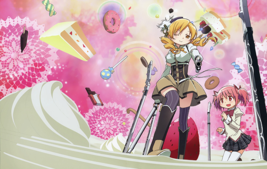 absurdres aiming beret biscuit blonde_hair boots brown_legwear cake candle candy chocolate chocolate_bar cookie corset cover cream crease detached_sleeves doughnut drill_hair dual_wielding dvd_cover food fruit gun hair_ornament hair_ribbon hairpin hat highres ice_cream kaname_madoka kishida_takahiro knee_boots lollipop long_hair magical_girl magical_musket mahou_shoujo_madoka_magica multiple_girls official_art pastry pink_eyes pink_hair pleated_skirt popsicle puffy_sleeves reference_work ribbon ribbons rifle scan school_uniform seifuku short_hair short_twintails skirt strawberry sweets thigh-highs thighhighs tomoe_mami twin_drills twintails vertical-striped_legwear vertical_stripes weapon whipped_cream wink yellow_eyes zettai_ryouiki