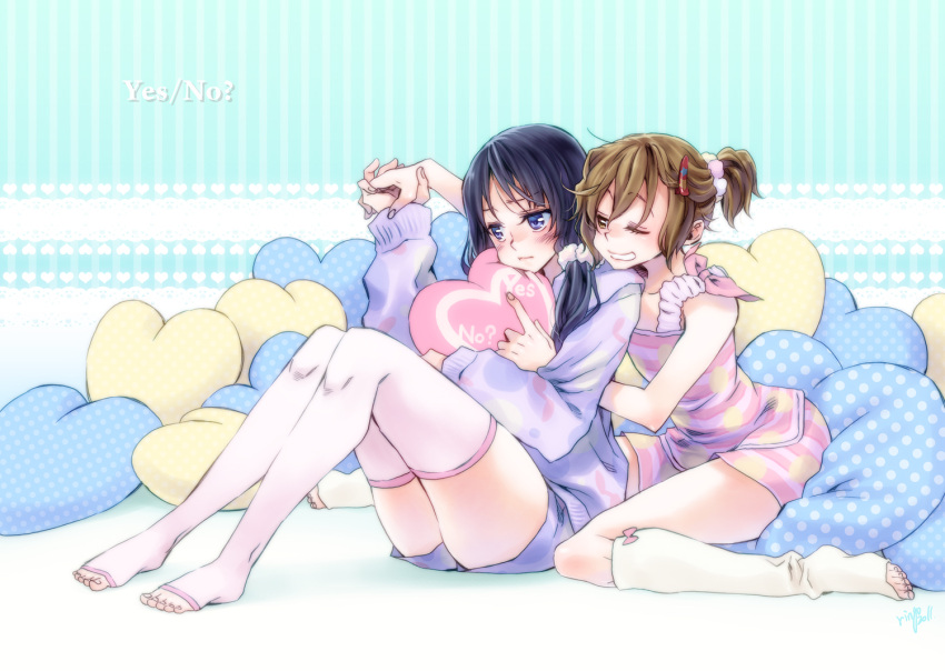 2girls akiyama_mio alternate_hairstyle bare_shoulders black_hair blue_eyes blush brown_hair casual feet female grin hair_ornament hairclip hand_holding heart heart_pillow holding_hands k-on! leg_warmers long_hair multiple_girls pillow ponytail short_hair shorts sitting smile sweater tainaka_ritsu takanashi_ringo thigh-highs thighhighs thighs toeless_legwear toeless_socks toes wink yes-no_pillow yuri