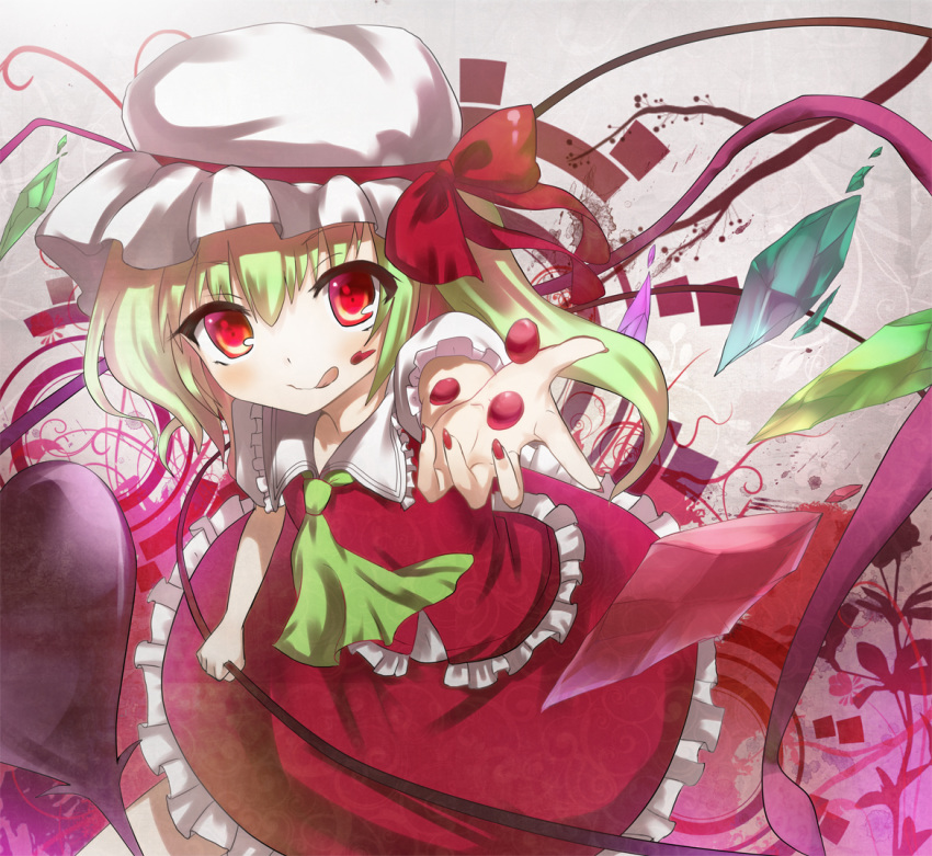 :q ascot blonde_hair flandre_scarlet hat laevatein lance mu-nyako polearm red_eyes ribbon short_hair side_ponytail smile solo the_embodiment_of_scarlet_devil tongue touhou weapon wings