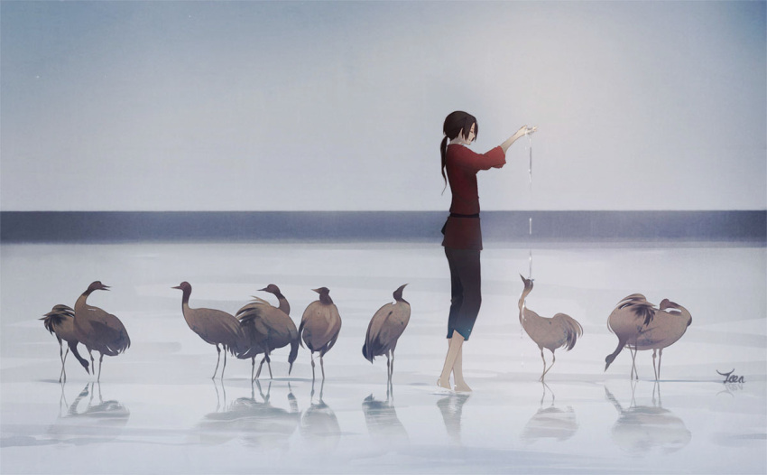 androgynous animal arm_up axis_powers_hetalia barefoot bird china_(hetalia) closed_eyes crane_(animal) male ocean outstretched_arm pants ponytail reflection short_hair signature sky solo teen123 wading water