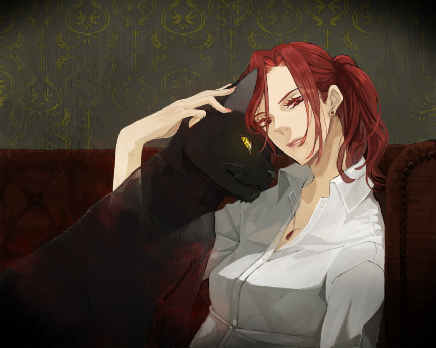 animal aozaki_touko cat earrings eyelashes jewelry kara_no_kyoukai kurage lips long_hair necklace petting ponytail red_eyes red_hair redhead short_hair smile translucent