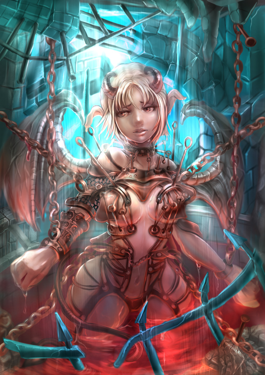 1girl absolute_cleavage armor bat_wings blonde_hair chain chained chains choker demon_girl dripping highres horns nail original pointy_ears red_eyes revealing_clothes sakaiyuuki short_hair solo water wings