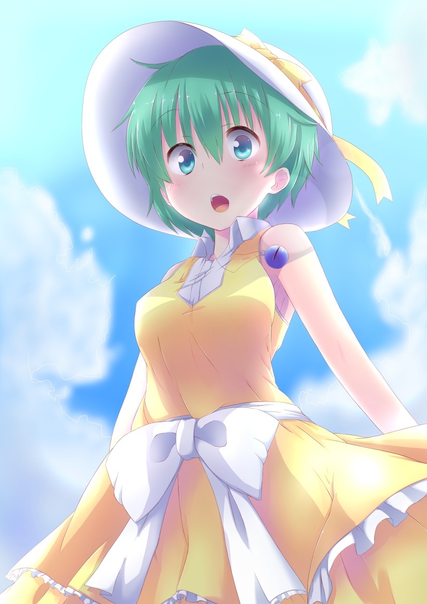 1girl alternate_costume bare_shoulders blue_eyes bow contemporary dress green_hair hat hat_bow highres jewelry komeiji_koishi necklace open_mouth shinrutyu short_hair solo touhou