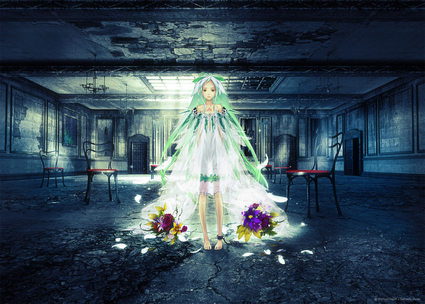 ankle_cuffs bare_shoulders barefoot beatless chain chains dress flower green_eyes green_hair highres long_hair original redjuice snowdrop_(beatless) solo tattoo very_long_hair yellow_eyes