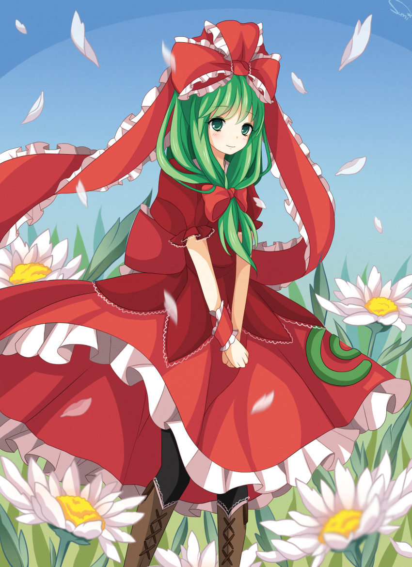 bad_id black_legwear bow daisy dress flower frills front_ponytail green_eyes green_hair hair_bow hair_ribbon highres kagiyama_hina long_hair pantyhose petals puffy_sleeves ribbon short_sleeves smile solo sumi_mi touhou