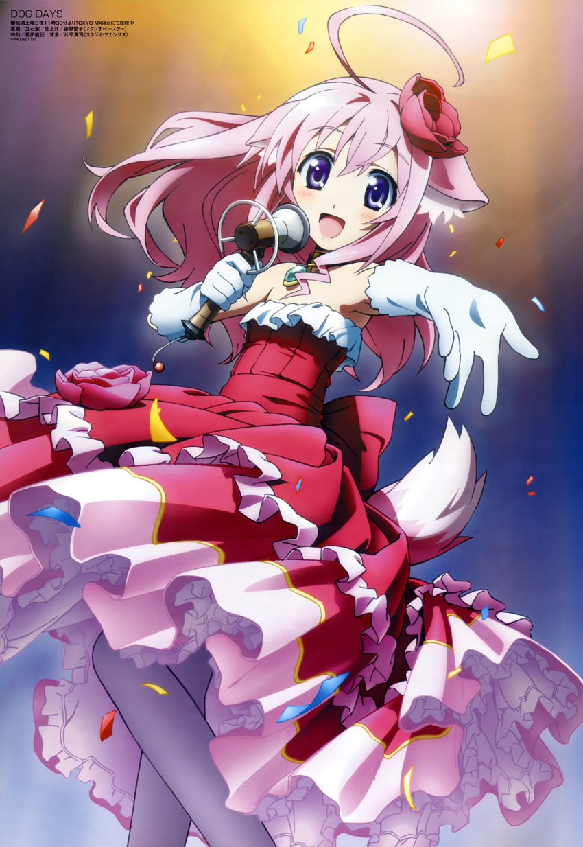 :d ahoge animal_ears armpits bare_shoulders blush choker confetti dog_days dog_ears dog_tail dress elbow_gloves flat_chest flower foreshortening frills gloves hair_flower hair_ornament highres idol jewelry legs lolita_fashion long_hair looking_at_viewer megami microphone millhiore_f_biscotti official_art open_mouth outstretched_hand pantyhose pendant petals pink_hair purple_eyes rose scan shiwasu_takashi smile solo standing tail violet_eyes