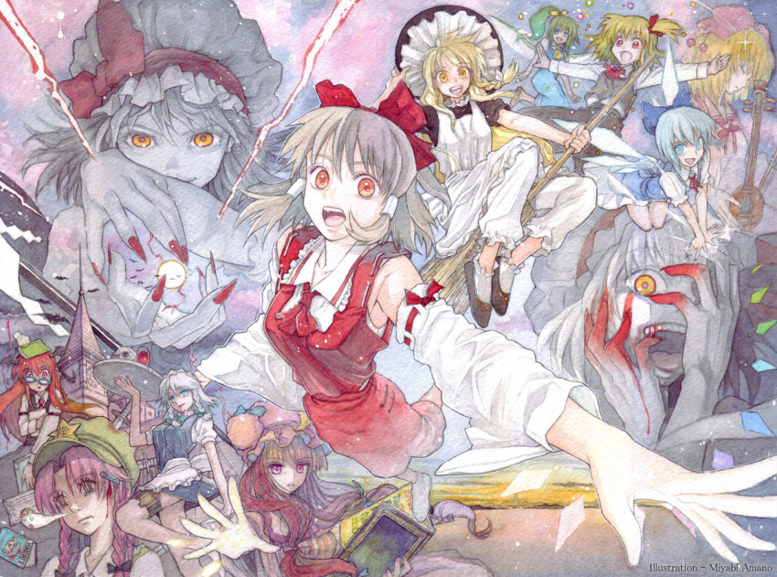 :d amano_miyabi bat bespectacled blonde_hair blood blue_eyes book bow broom broom_riding castle cirno closed_eyes crazy crazy_eyes daiyousei drawn_on_eyes energy_ball everyone fangs fingernails flandre_scarlet foreshortening from_above glasses hakurei_reimu hands hat hat_bow hong_meiling izayoi_sakuya kirisame_marisa knife koakuma long_fingernails maid multiple_girls nail_polish open_mouth orange_eyes outstretched_arms outstretched_hand patchouli_knowledge perspective purple_eyes remilia_scarlet rumia satsuki_rin side_ponytail smile spread_arms sunset tablet the_embodiment_of_scarlet_devil touhou tower traditional_media vampire watercolor_(medium) witch_hat youkai yukkuri_shiteitte_ne