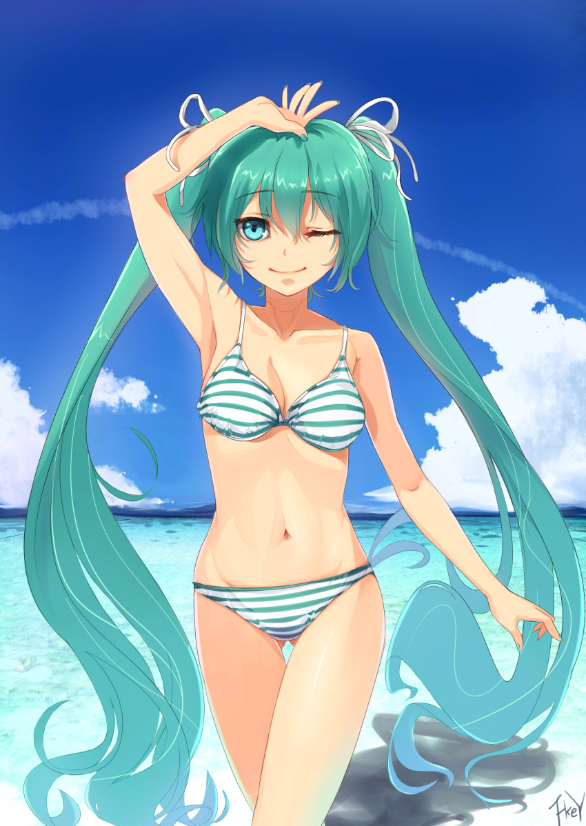 absurdres aqua_hair arm_up armpit armpits bad_id bikini cloud clouds crossed_legs fkey hair_ribbon hatsune_miku highres legs_crossed long_hair mound_of_venus nail_polish navel ribbon sitting sky smile solo standing striped striped_bikini striped_swimsuit swimsuit thigh_gap thighs twintails very_long_hair vocaloid water wet wink zengxianxin