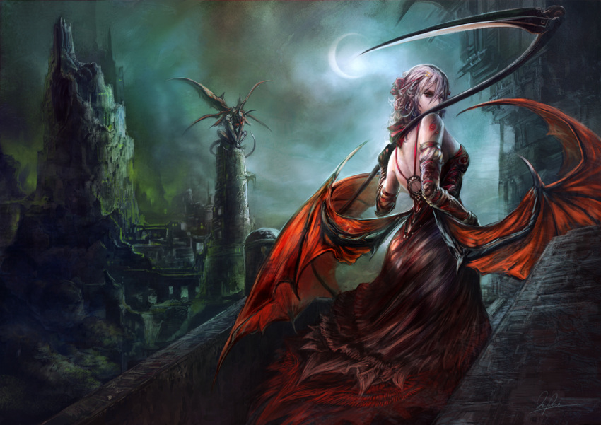 back bare_shoulders bat_wings building buildings castle cloud clouds creature demon dress female gloves glowing hayaken hybrid looking_at_viewer looking_back low_wings monster moon multiple_wings night original over_shoulder pink_hair red_eyes ruins scythe silver_hair sitting sky solo tail vampire weapon weapon_over_shoulder white_hair wings