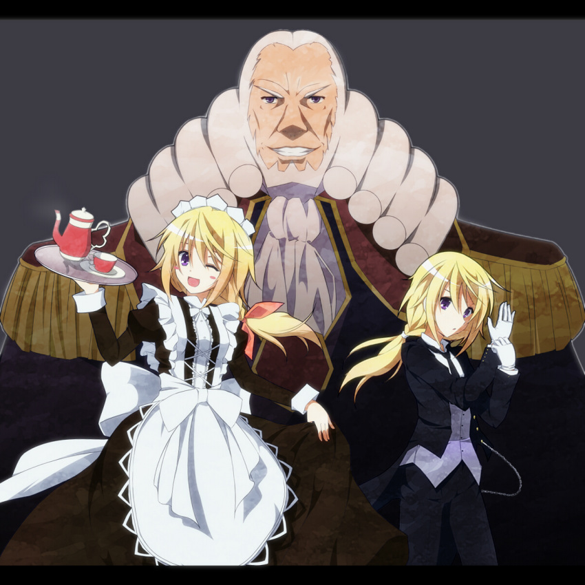 ;d blush_stickers charles_zi_britannia charlotte_dunois code_geass crossover cup deta-mxproject epaulettes gloves highres infinite_stratos maid maid_headdress namesake open_mouth ponytail ribbon smile tea_set teacup teapot tray tuxedo wink