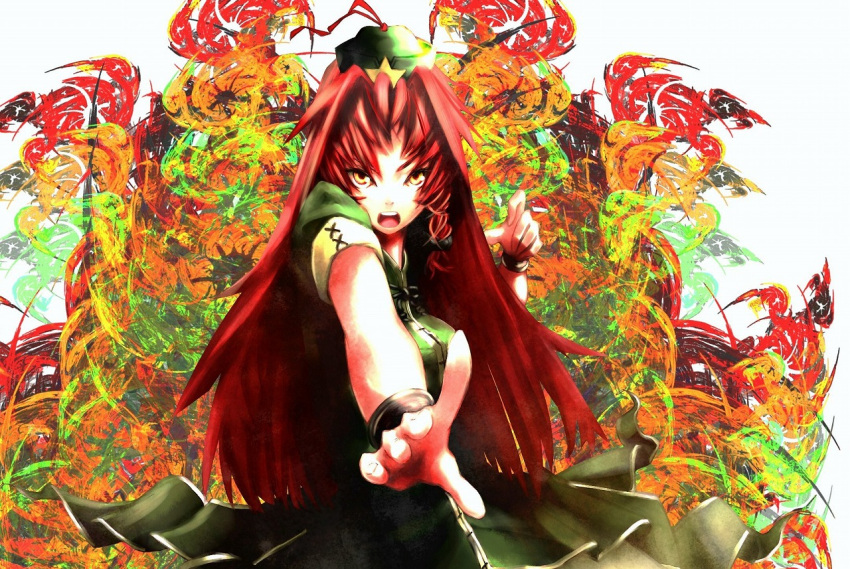 1girl alternate_hairstyle alternate_headwear bow bracelet braid breasts fighting_stance foreshortening hair_bow hat high_collar hong_meiling index_finger_raised jewelry long_hair looking_at_viewer multicolored_background okakingyo open_mouth outstretched_arm redhead short_sleeves single_braid skirt solo star touhou very_long_hair vest yellow_eyes