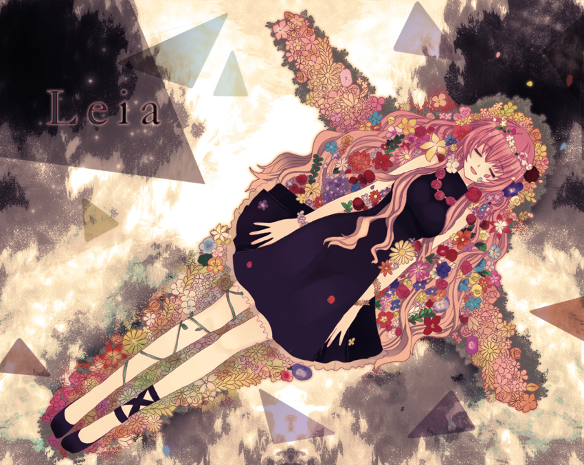 1girl alternate_costume alternate_hairstyle ankle_ribbon black_dress bracelet character_name closed_eyes cross dress eyes_closed flower flower_wreath from_above hair_flower hair_ornament happy head_wreath jewelry leia_(vocaloid) long_hair lying megurine_luka miniskirt mismatched_legwear necklace on_back open_mouth pink_hair rose skirt sleeping sleeveless solo very_long_hair vines vocaloid yurari_(co10rs)