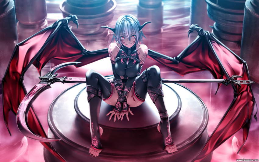 grey_hair red red_eyes rezi succubus tattoo weapon wings
