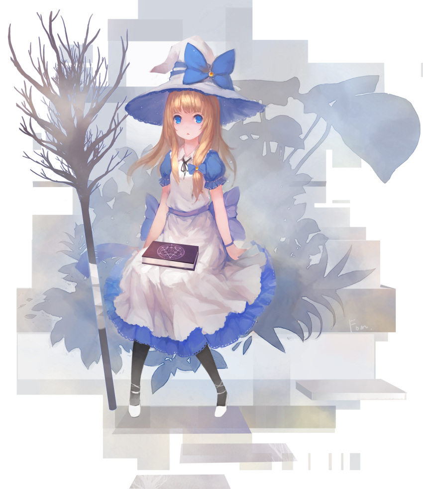 alice_margatroid apron black_legwear blonde_hair blue_eyes bow dress fom_(lifotai) fullmetal_alchemist fusion hair_bow hat highres kirisame_marisa long_hair magic_circle pantyhose solo touhou witch witch_hat