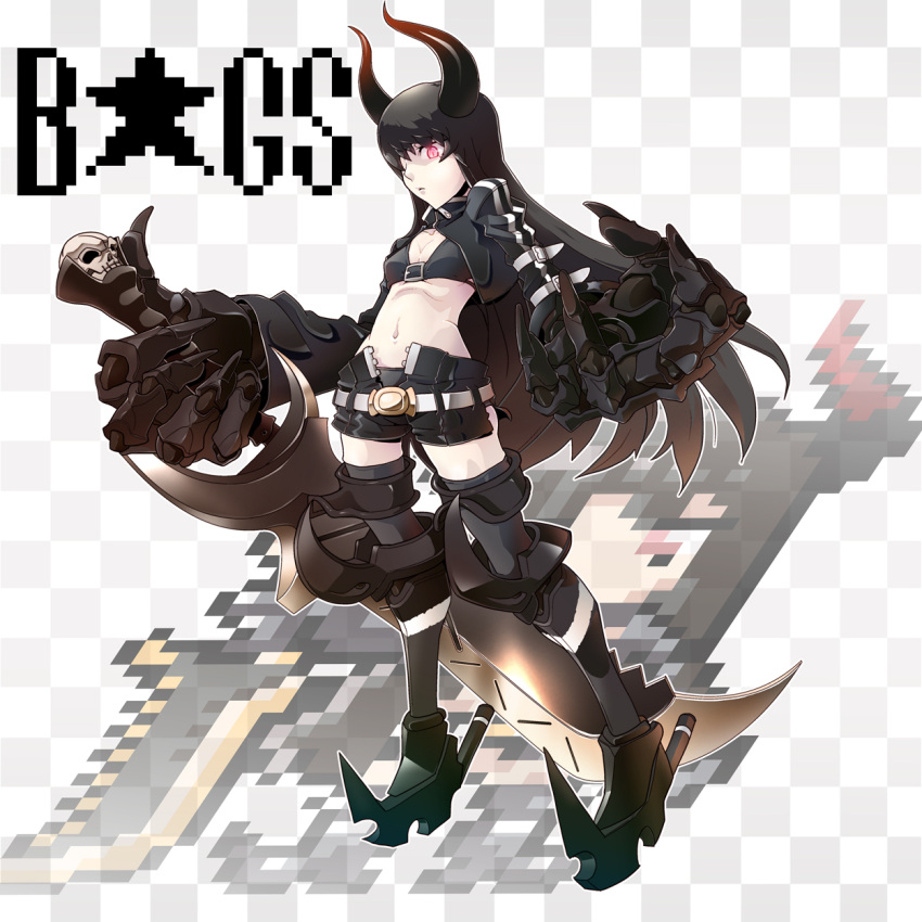 black_gold_saw black_hair black_rock_shooter boots coat gauntlets glowing glowing_eyes highres horns huge_weapon long_hair midriff navel pale_skin promotions red_eyes solo sword t.a.k. thighhighs weapon
