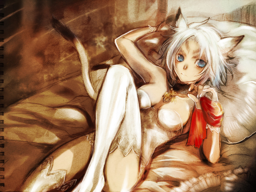 1girl animal_ears bed blue_eyes breasts cat_ears cat_tail doraeshi final_fantasy final_fantasy_xi legs lying mithra pillow silver_hair solo tail teddy thighhighs