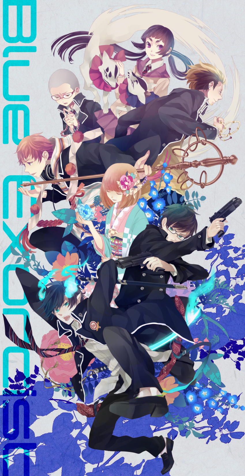 ao_no_exorcist arms_up beads black_hair blonde_hair blue_eyes blue_fire blue_flame byakko_(ao_no_exorcist) closed_eyes dual_wielding earrings eyes_closed fangs fire flame flower fox glasses gun hair_flower hair_ornament headphones headphones_around_neck highres japanese_clothes jewelry jumping kamiki_izumo kimono long_hair macco miwa_konekomaru moriyama_shiemi multicolored_hair necktie okumura_rin okumura_yukio pointy_ears prayer_beads praying purple_eyes red_eyes red_hair redhead school_uniform shakujo shima_renzou short_hair staff striped striped_necktie suguro_ryuuji sword twintails two-tone_hair violet_eyes weapon yellow_eyes