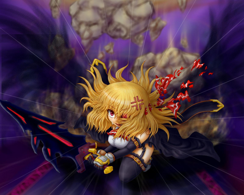 anger_vein blonde_hair breasts erect_nipples ex-rumia highres large_breasts red_eyes red_sclera rikurakurenku rumia solo sword tears the_embodiment_of_scarlet_devil touhou weapon youkai
